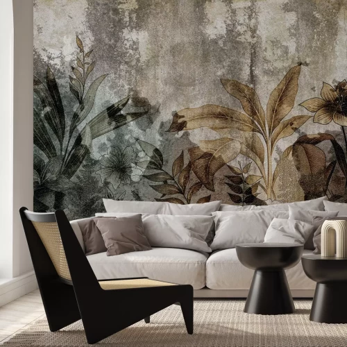 Fotobehang Botanische abstractie op beton