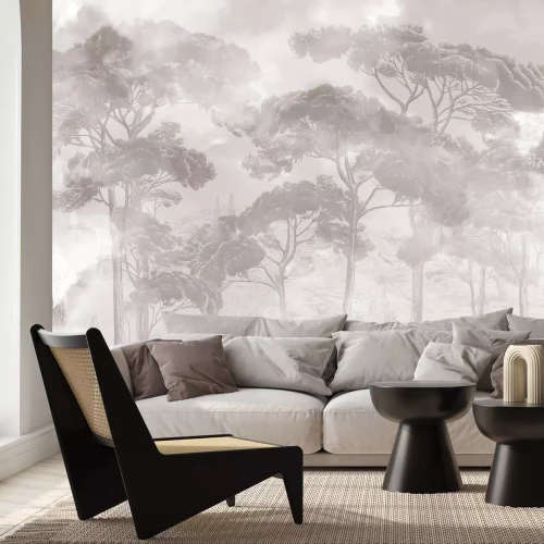 Fotobehang Mistig boslandschap in beige