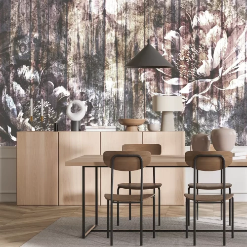 Fotobehang Roze pioenrozen op hout