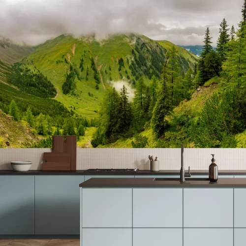 Fotobehang Groen berglandschap met naaldbomen