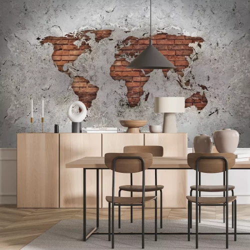 Fotobehang Rode bakstenen wereldkaart op beton