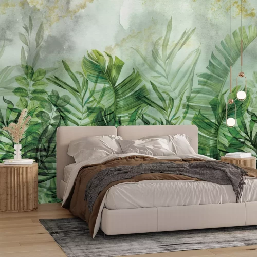 Fotobehang Bladeren op een groene aquarelachtergrond