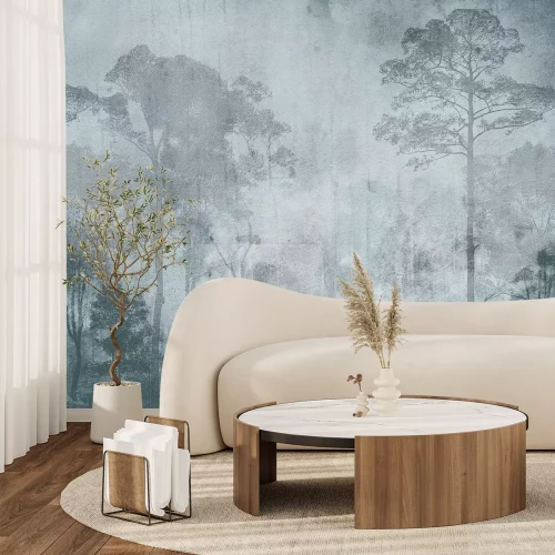 Fotobehang Abstract landschap met een bos in blauwe kleuren