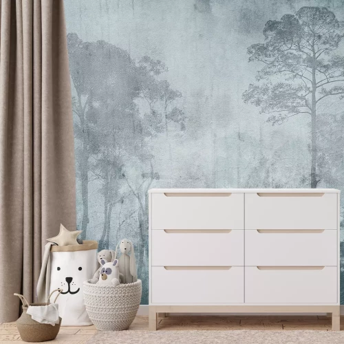 Fotobehang Abstract landschap met een bos in blauwe kleuren