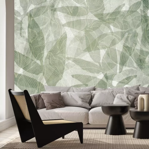 Fotobehang Groene bladeren en geometrische vormen