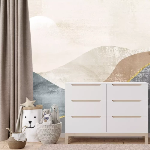 Fotobehang Abstract landschap van bergen en de maan