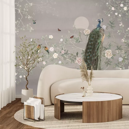 Fotobehang Pauw en vogels op boomtakken met bloemen