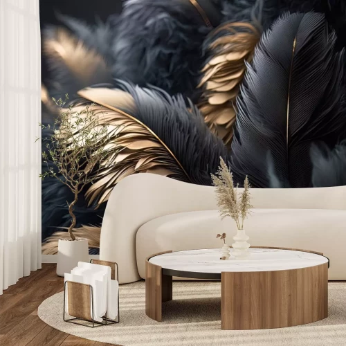 Fotobehang Een compositie van zwarte veren met gouden decoratie