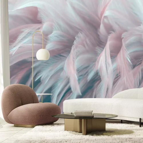 Fotobehang 3D-compositie met veren in pastelkleuren