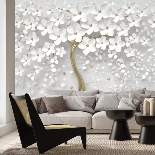 Fotobehang 3D-compositie met witte bloemen op een boom