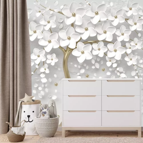 Fotobehang 3D-compositie met witte bloemen op een boom