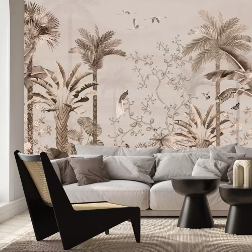 Fotobehang Palmbomen en vogels in de tropische junglecompositie