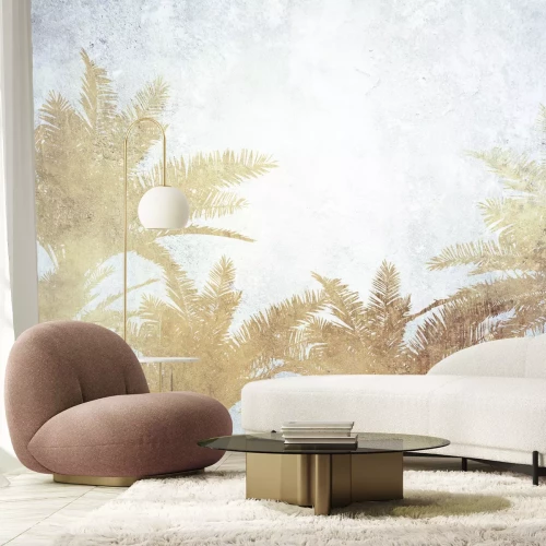 Fotobehang Tropische compositie met palmbomen op een betonnen achtergrond