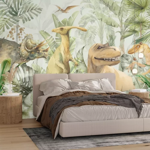 Fotobehang Dinosaurussen en tropische planten compositie voor kinderen