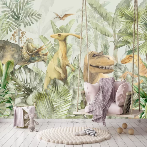 Fotobehang Dinosaurussen en tropische planten compositie voor kinderen