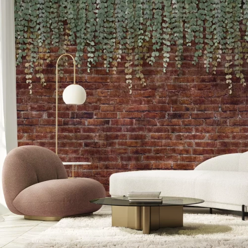 Fotobehang 3D groene bladeren op een rode bakstenen achtergrond