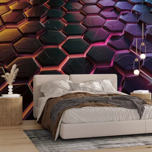 Fotobehang Geometrische zwarte zeshoeken op een neonachtergrond