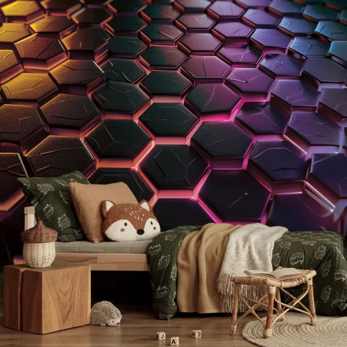 Fotobehang Geometrische zwarte zeshoeken op een neonachtergrond