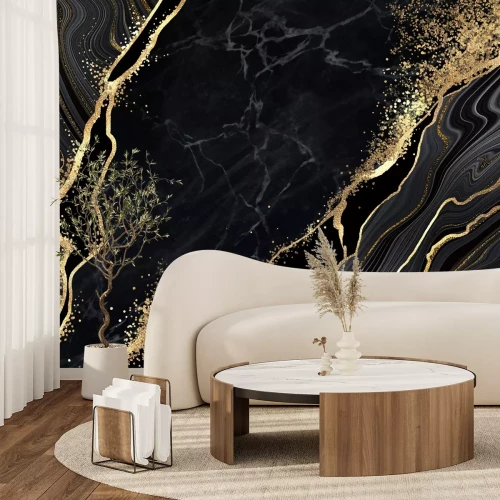 Fotobehang Zwart marmer met gouden aderen