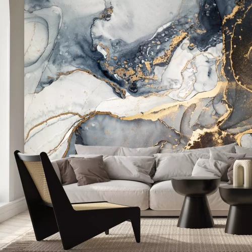 Fotobehang Gemarmerde abstracte compositie met gouden elementen