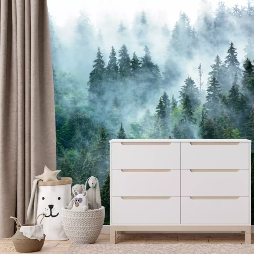 Fotobehang Ochtendmist boven het dichte donkergroene bos