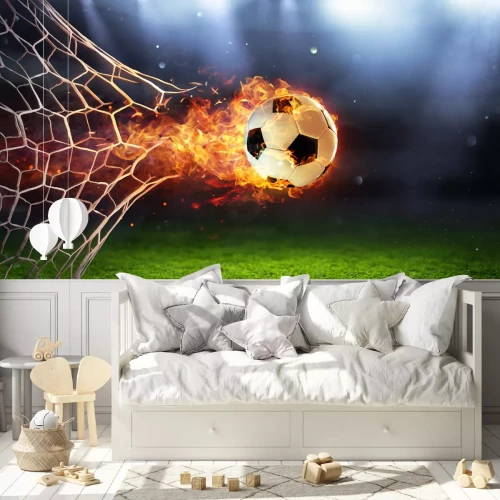 Fotobehang Een brandende voetbal in het doel