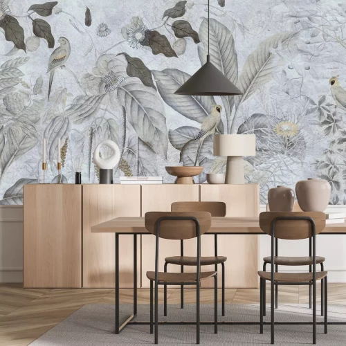 Fotobehang Vogels op exotische bladeren compositie