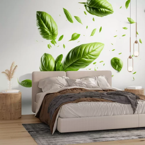 Fotobehang Groene basilicumblaadjes op een witte achtergrond