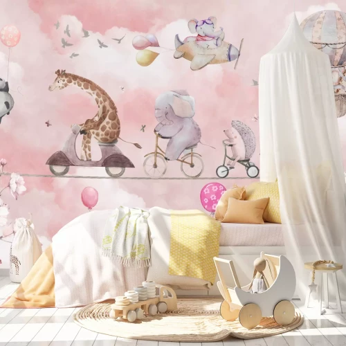 Fotobehang Dieren tegen een achtergrond van roze wolken in aquarelstijl