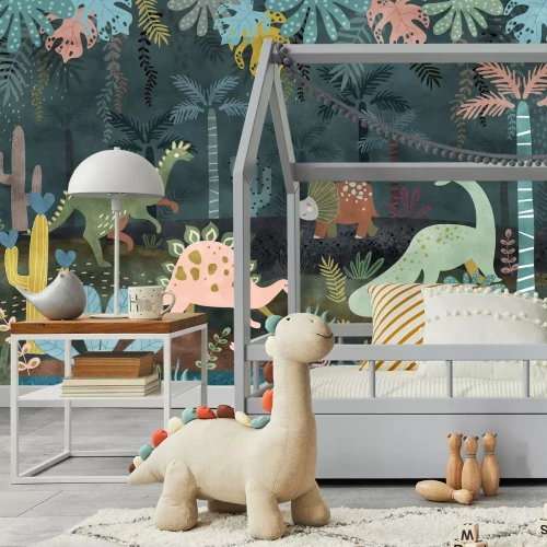 Fotobehang Dinosaurussen in een tropisch bos met kleurrijke planten en bladeren