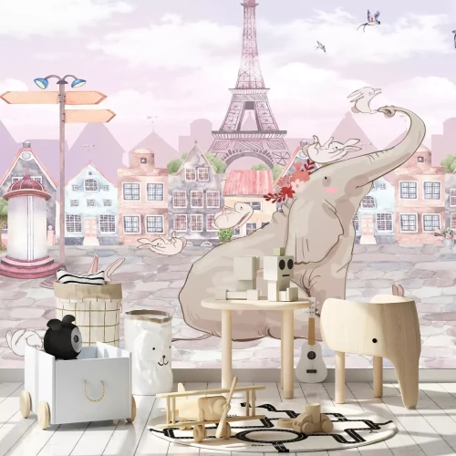 Fotobehang Olifant en dieren in Parijs met de Eiffeltoren op de achtergrond in aquarelstijl