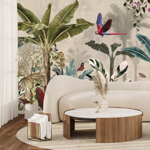 Fotobehang Tropische jungleplanten met vogels en vlinders