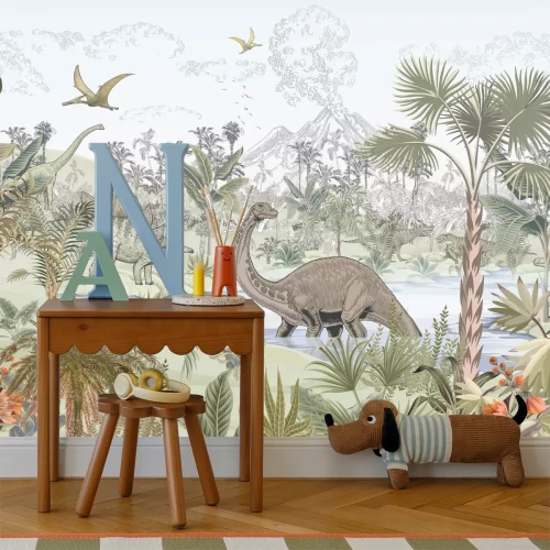 Fotobehang Tropisch landschap met een vulkaan en dinosaurussen