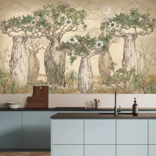 Fotobehang Afrikaans Baobab Landschap Vintage Stijl