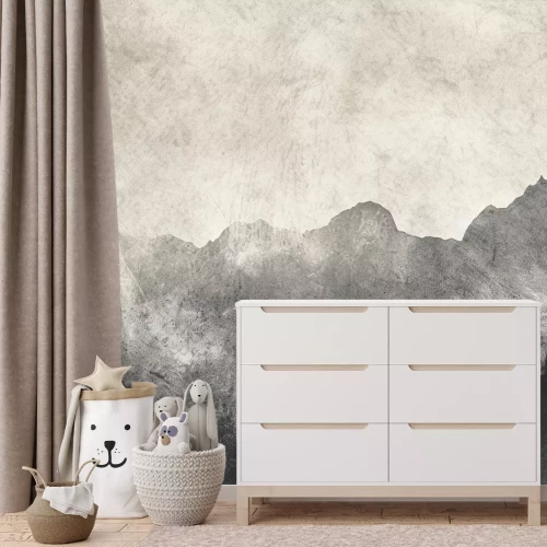 Fotobehang Een minimalistisch landschap met een bos en bergen op een gestructureerde achtergrond.