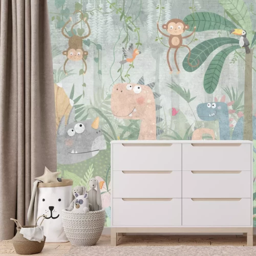 Fotobehang Dinosaurussen en apen tussen planten in een tropische jungle