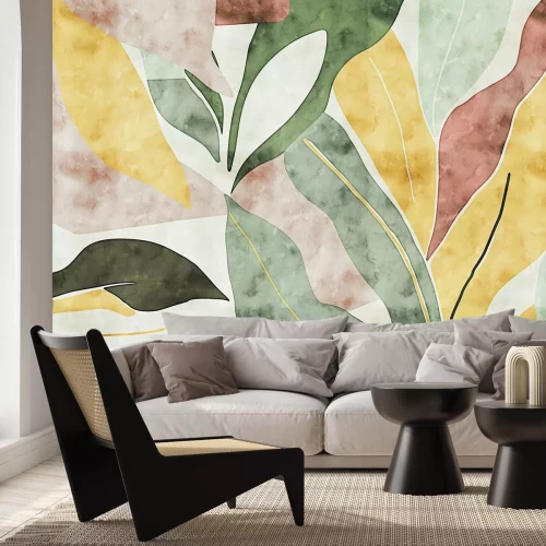 Fotobehang Kleurrijk aquarelbladeren botanisch patroon