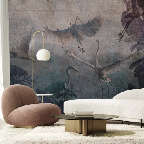 Fotobehang Vintage vogels en tropische bladeren