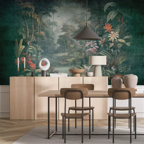 Fotobehang Meer in het junglelandschap in vintage stijl