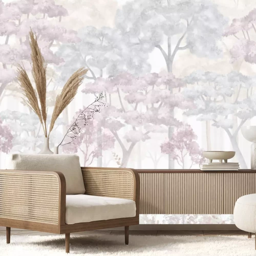 Fotobehang Pastelkleurige bomen in een aquarelbos