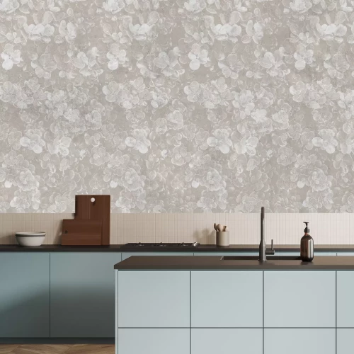 Fotobehang Witte planten op een beige achtergrond, minimalistisch patroon