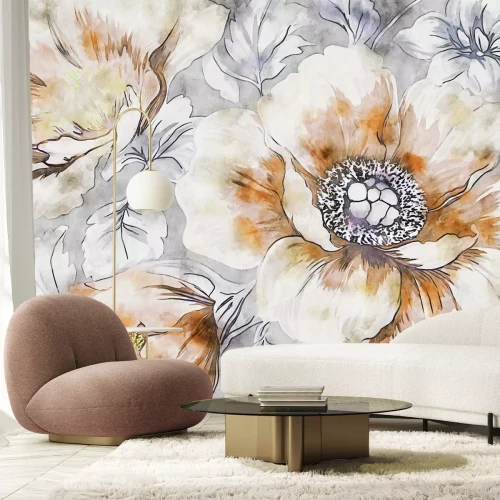 Fotobehang Aquarelbloemen op een grijze achtergrond