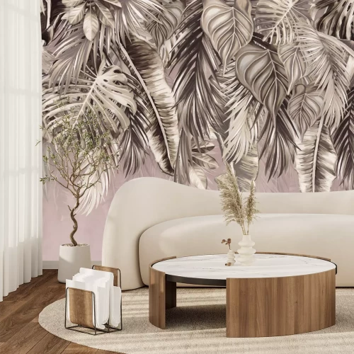 Fotobehang Tropische bladeren hangen van bovenaf op een pastelkleurige achtergrond