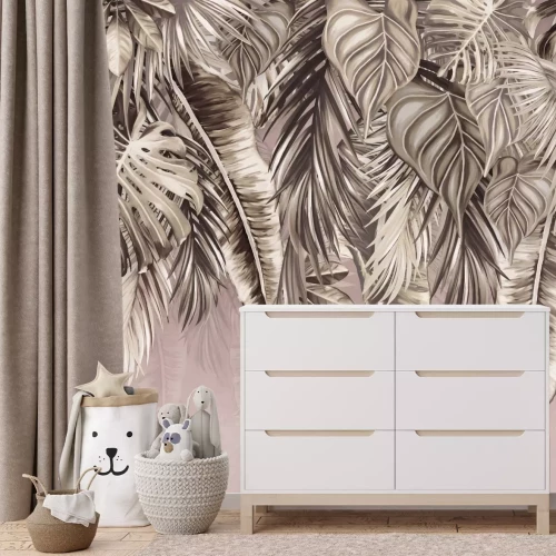 Fotobehang Tropische bladeren hangen van bovenaf op een pastelkleurige achtergrond