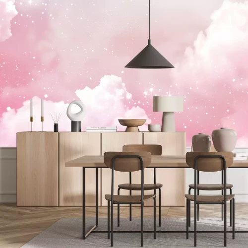 Fotobehang Dikke wolken en sterren in de roze lucht