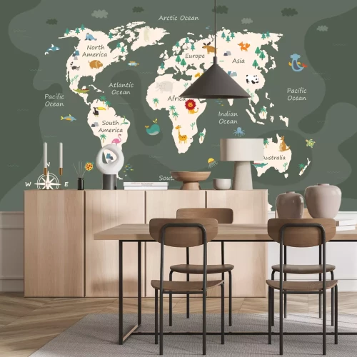 Fotobehang Een wereldkaart voor kinderen met dieren op een groene achtergrond