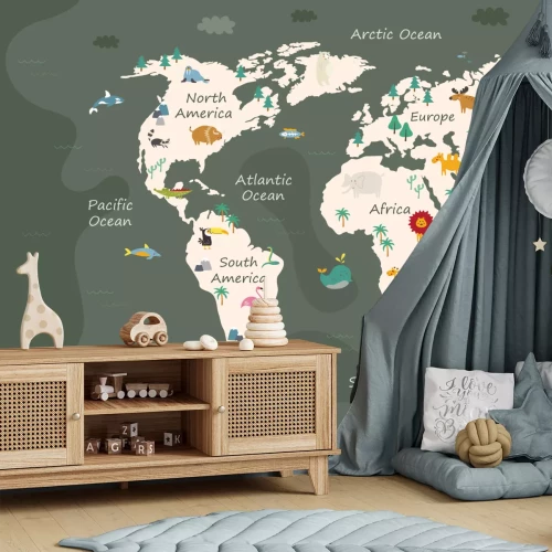Fotobehang Een wereldkaart voor kinderen met dieren op een groene achtergrond