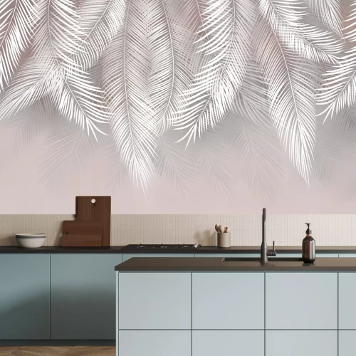 Fotobehang Tropische palmbladeren hangen van bovenaf op een pastelkleurige achtergrond