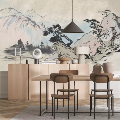 Fotobehang Bomen op rotsen met bergen op de achtergrond, Chinees landschap