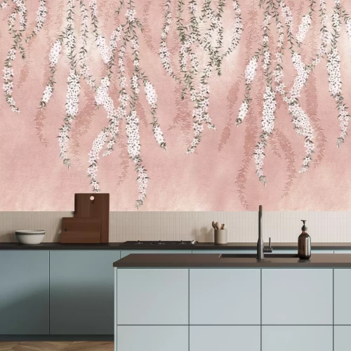 Fotobehang Takken van planten met witte bloemen op een roze achtergrond